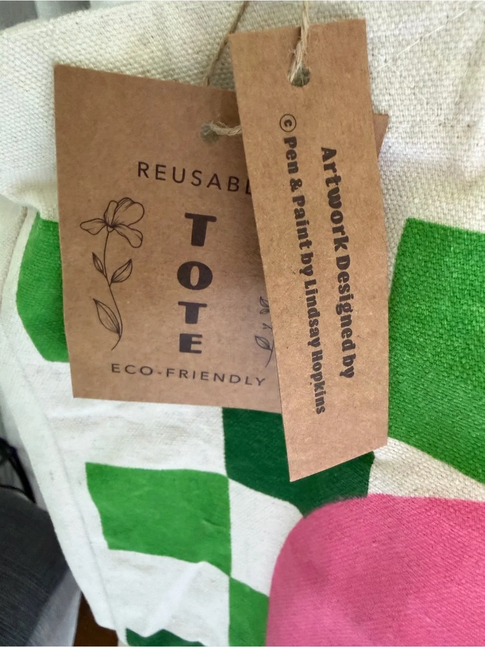 Pink Smile Strawberry Canvas Tote with Green Checker